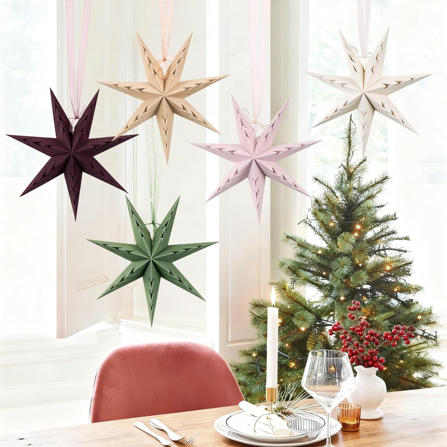 Paper Star Lanterns Hanging Boho Christmas Ornaments 5PCS 12 inch for Xmas Wedding Birthday Christmas Home Party Decorations