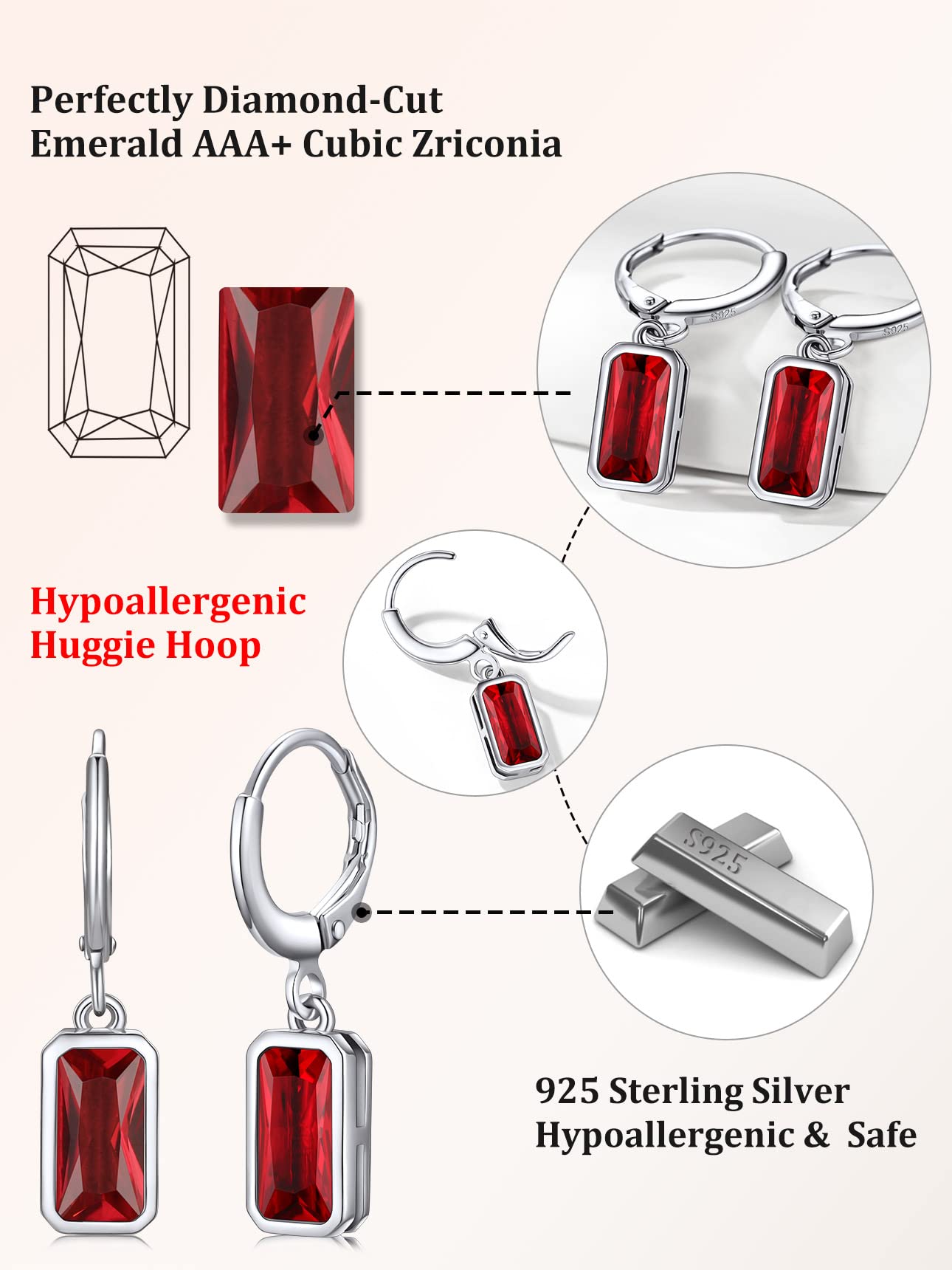 Bestyle Sterling Silver Rectangle January Birthstone Dangle Drop Earrings - Sparkle Garnet Red Earrings for Women Dangling -Small Silver Huggie Hoop Earrings For Women | Trendy CZ Huggie Earrings