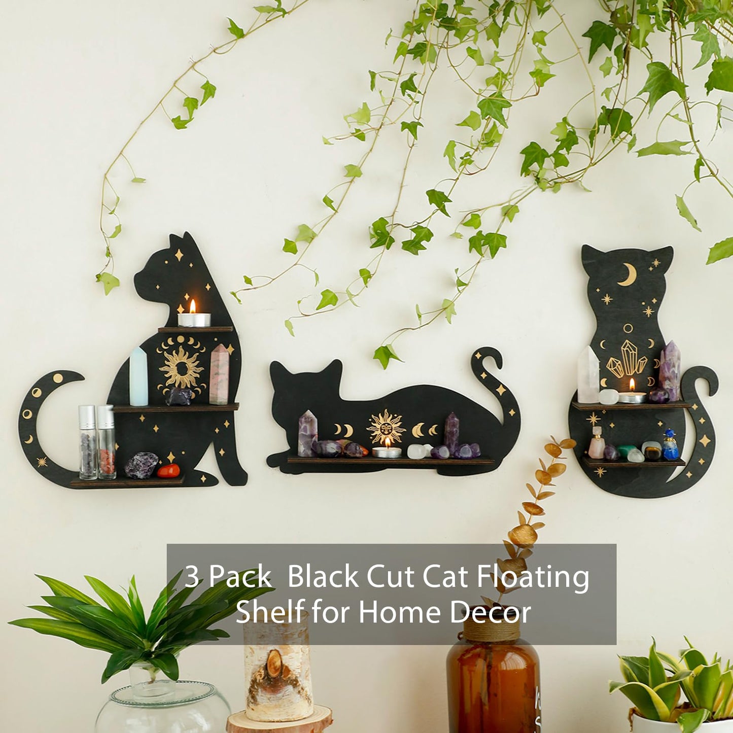 Artilady Crystal Shelf Display - 3 PCS Black Cute Cat Floating Shelves for Halloween Wall Bedroom Decor Display Shelf for Crystals and Stones Witchy Room Decorations Gift for Cat Lover