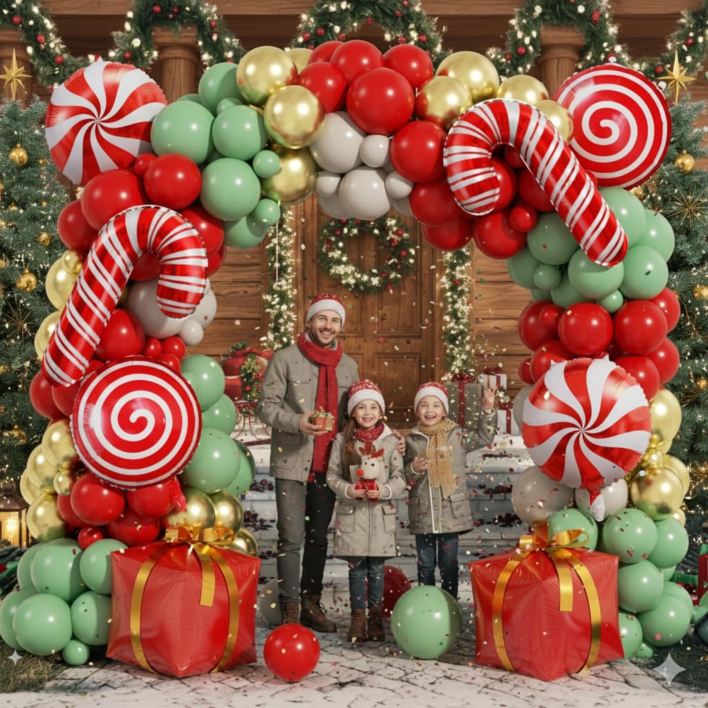 PTGOLUO 170Pcs Christmas Balloon Arch Garland Kit with Xmas Red Sage Green Gold White Sand Latex Balloons Gift Box Candy Cane Foil Balloons Arch Kit for Christmas New Year Party Party Decorations