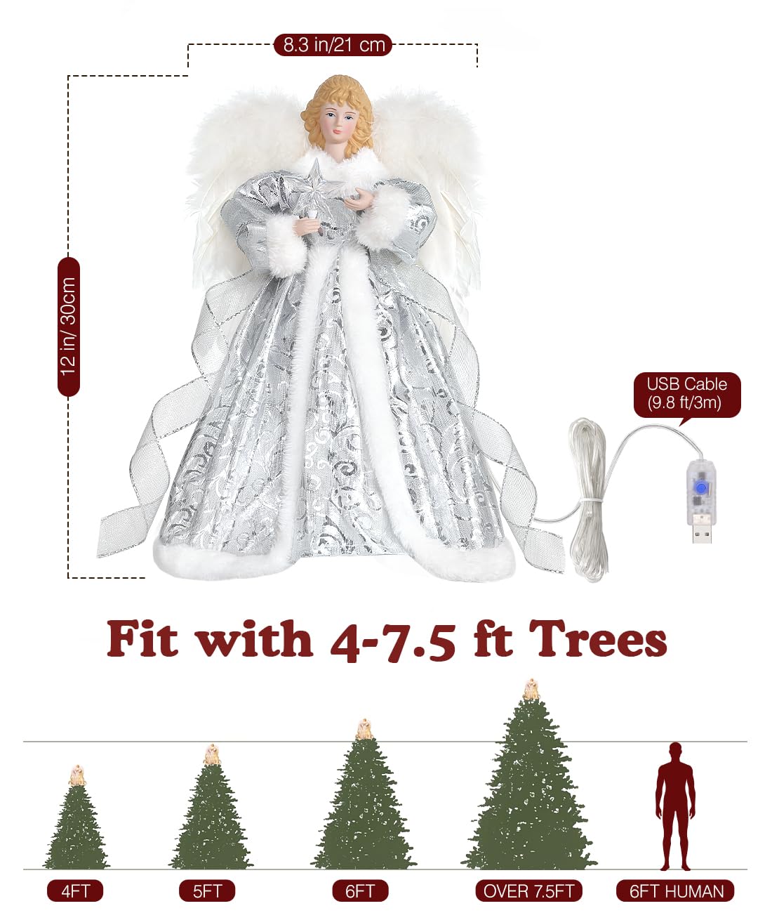 Luxspire Christmas Tree Topper, Angel Tree Topper with Lights, Angel Topper for Christmas Tree with Remote Control & Timer, USB Lighted Christmas Decorations for Holiday Home Indoor,White Dress