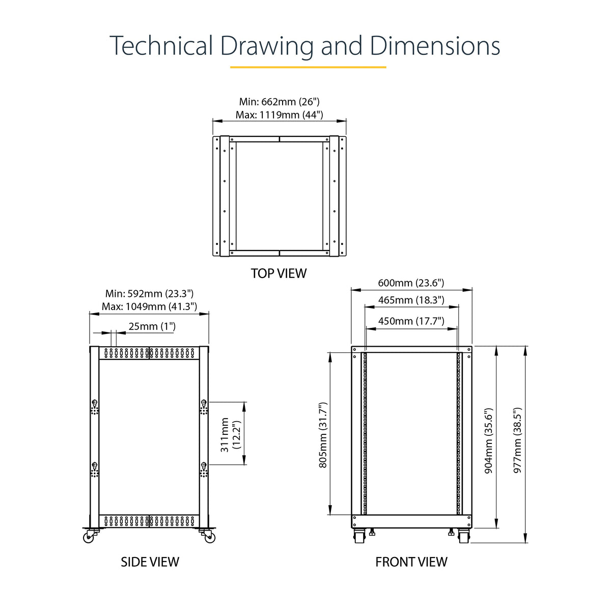 StarTech 18U 4-Post Server Rack, 19in Open Frame Rack with 40in (101cm) Mounting Depth and 1200lb (544kg) Weight Capacity, Mobile or Floor Mount IT Rack