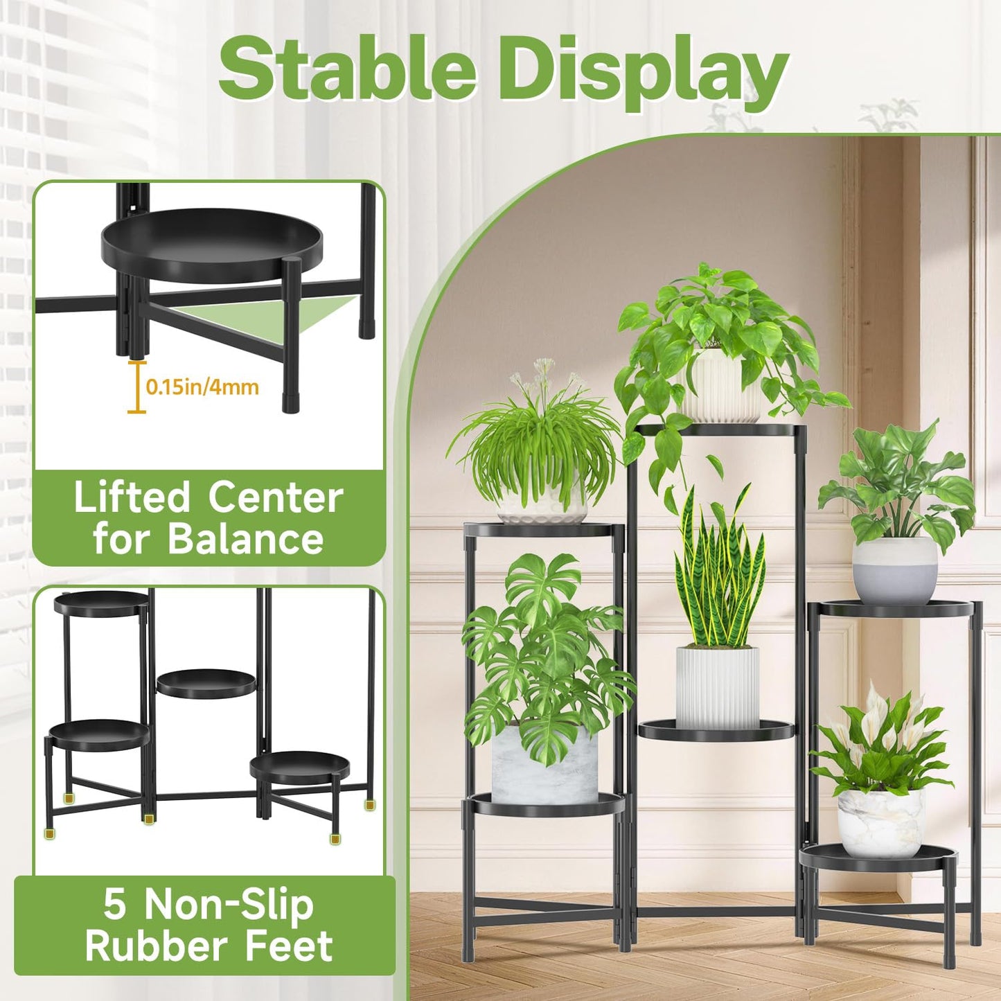 iDavosic.ly 6 Tier Large Plant Stand Indoor with Grow Light, Tiered Corner Metal Outdoor Flower Display Holder Shelf with 10 Inch Wide Tray, Folding Tall Rack for Patio Porch Living Room, Black