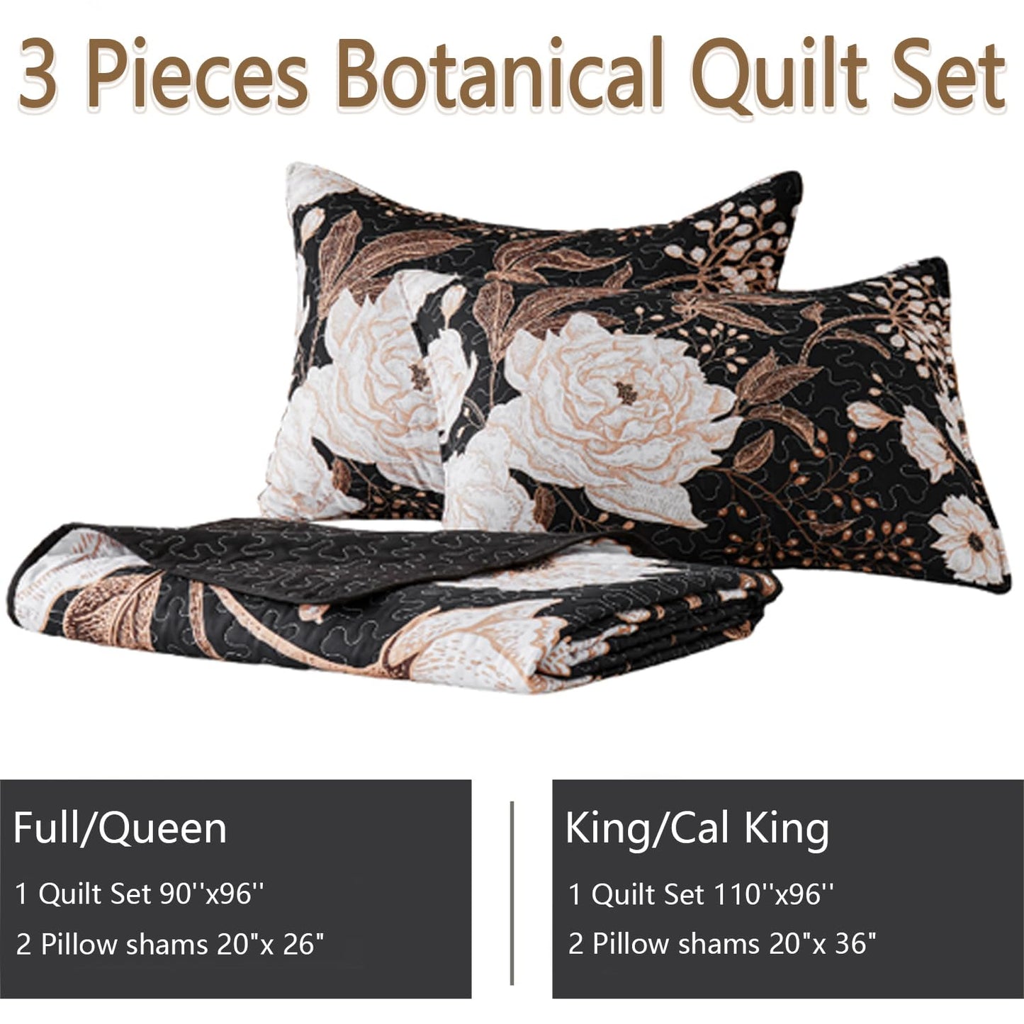 Yogeneg King Size Quilt Set,White Gold Floral Botanical Pattern Black Bedding Set,3 Piece Lightweight Soft Summer Bedspread Coverlet with 2 PIillow Sham for All Season(Black Floral,110"x96")
