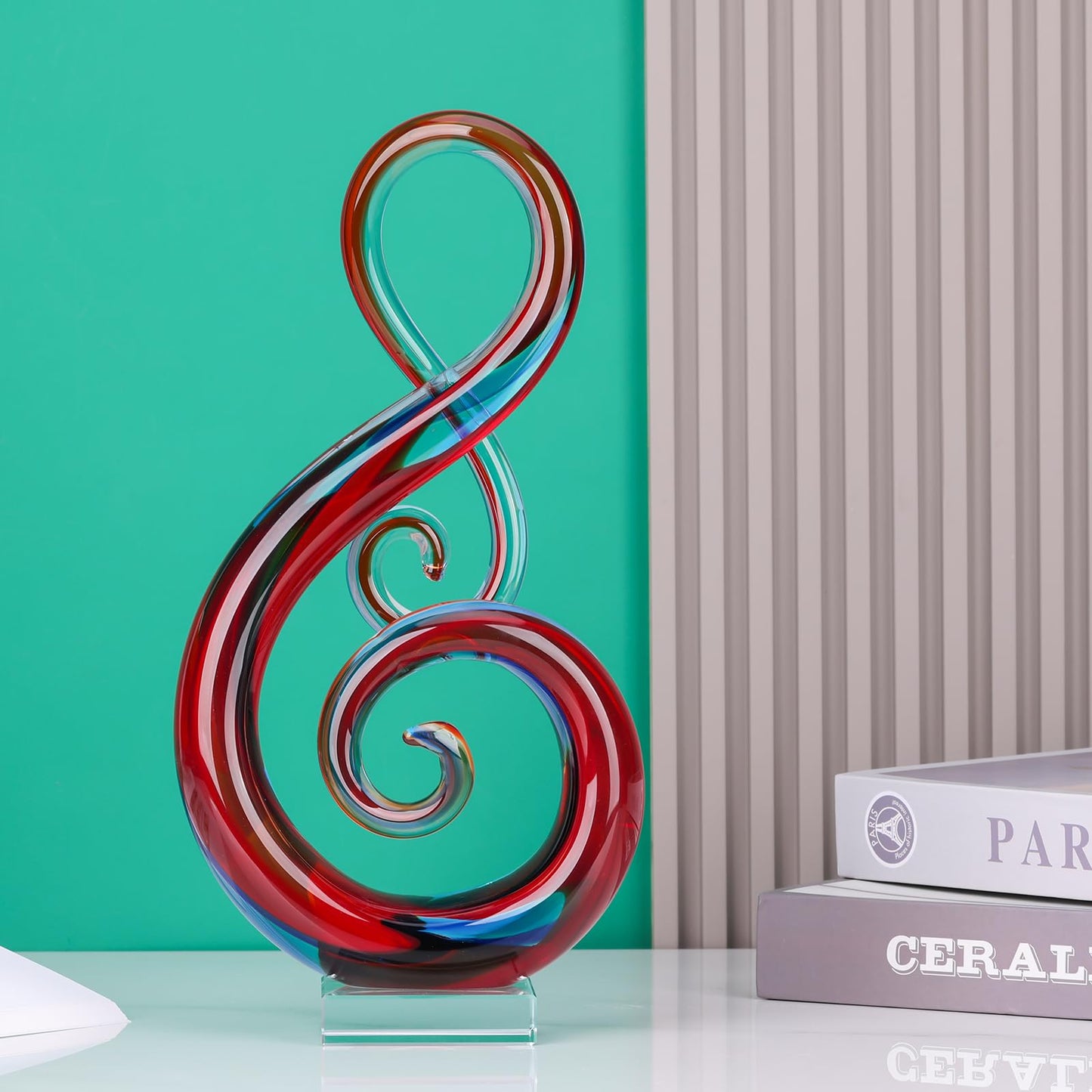 LCCCK 13" H Large Glass Sculpture Red Hand Blown Glass Figurines Art Music Decor, Modern Red Glasses Decor Crystals Statue Knick Knacks- for Luxury Home Living Room Office Console Table Decoration