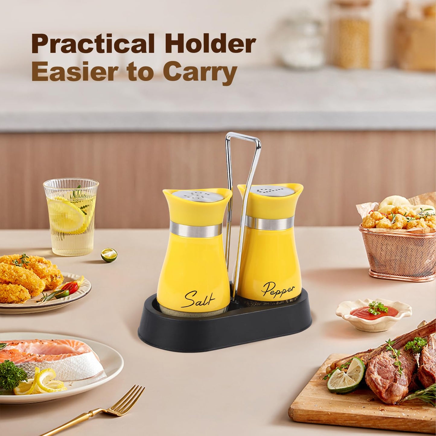 Salt and Pepper Shakers Set, 4 oz Stainless Steel Salt Shaker with Holder, Farmhouse Salt Pepper Shaker Containers with Glass Bottom for Kitchen Cooking Table, BBQ, Bar, RV, Camp (Yellow)