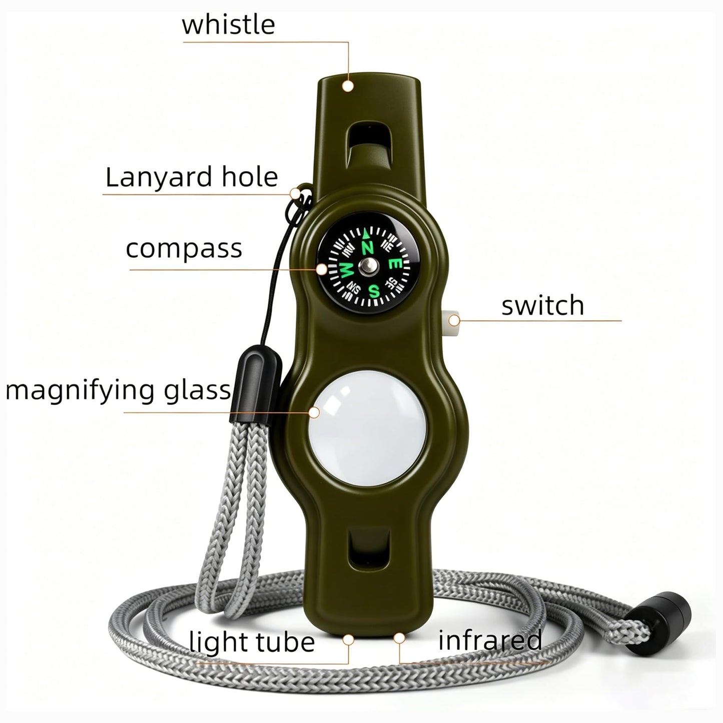 Emergency Survival Safety Whistle,Whistle for Kids with Lanyard,Compass,Thermometer,Ideal for Kayaking, Boating, Hiking, Camping, Climbing(Green)