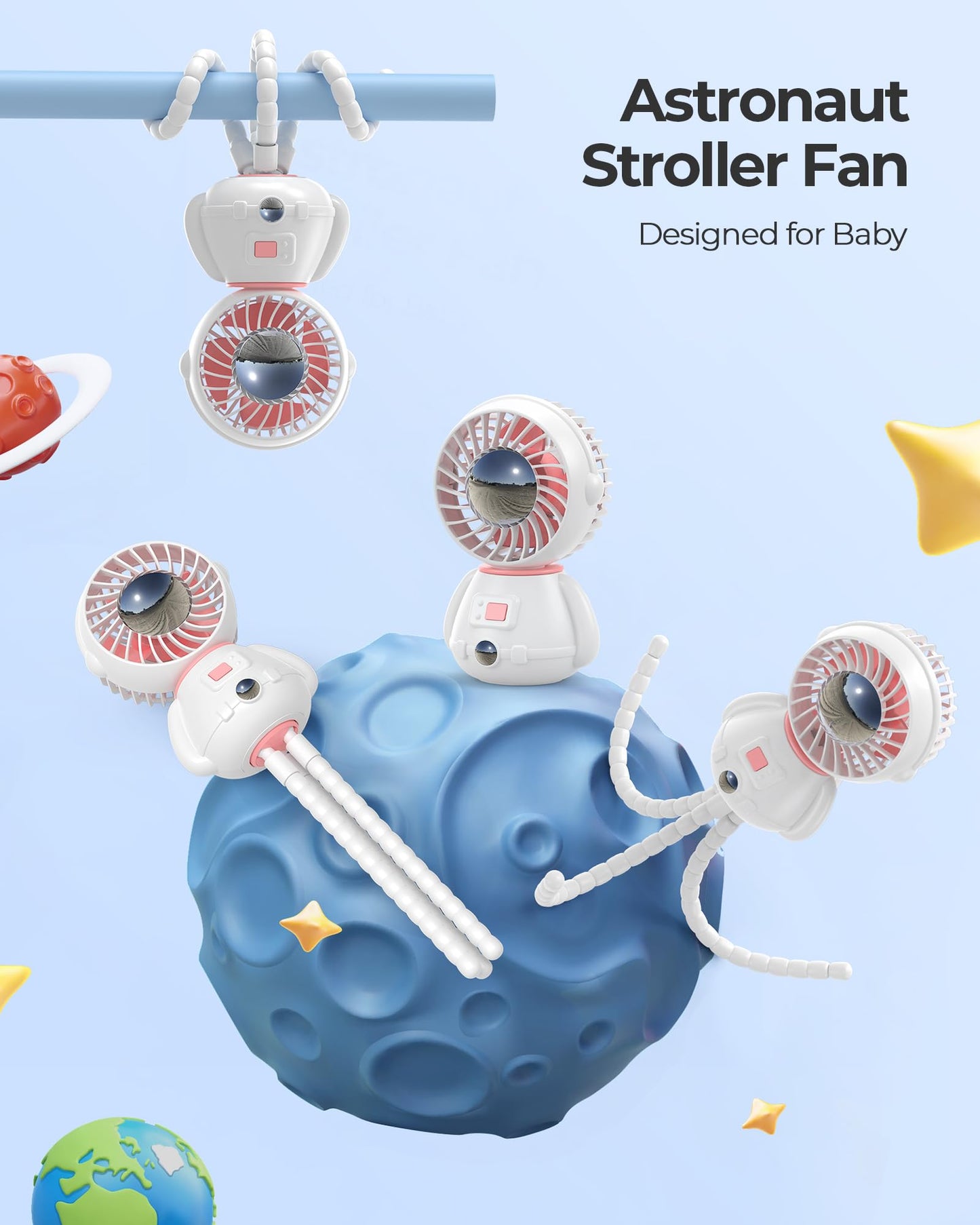 SLENPET Astronaut Portable Stroller Fan, Baby-Safe Clip-on with Detachable Flexible Tripod, Rechargeable Battery-Operated, 3-Speeds, 270° Rotation - Ideal for Car Seats, Cribs, Treadmills, Travel