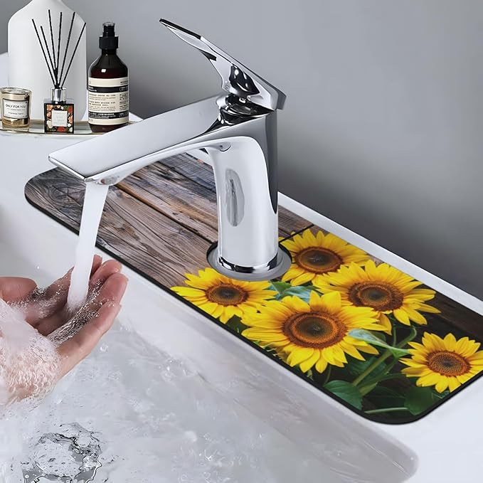 Kitchen Sink Splash Guard Faucet Mat Board Vintage Sunflowers 15"x5.5"