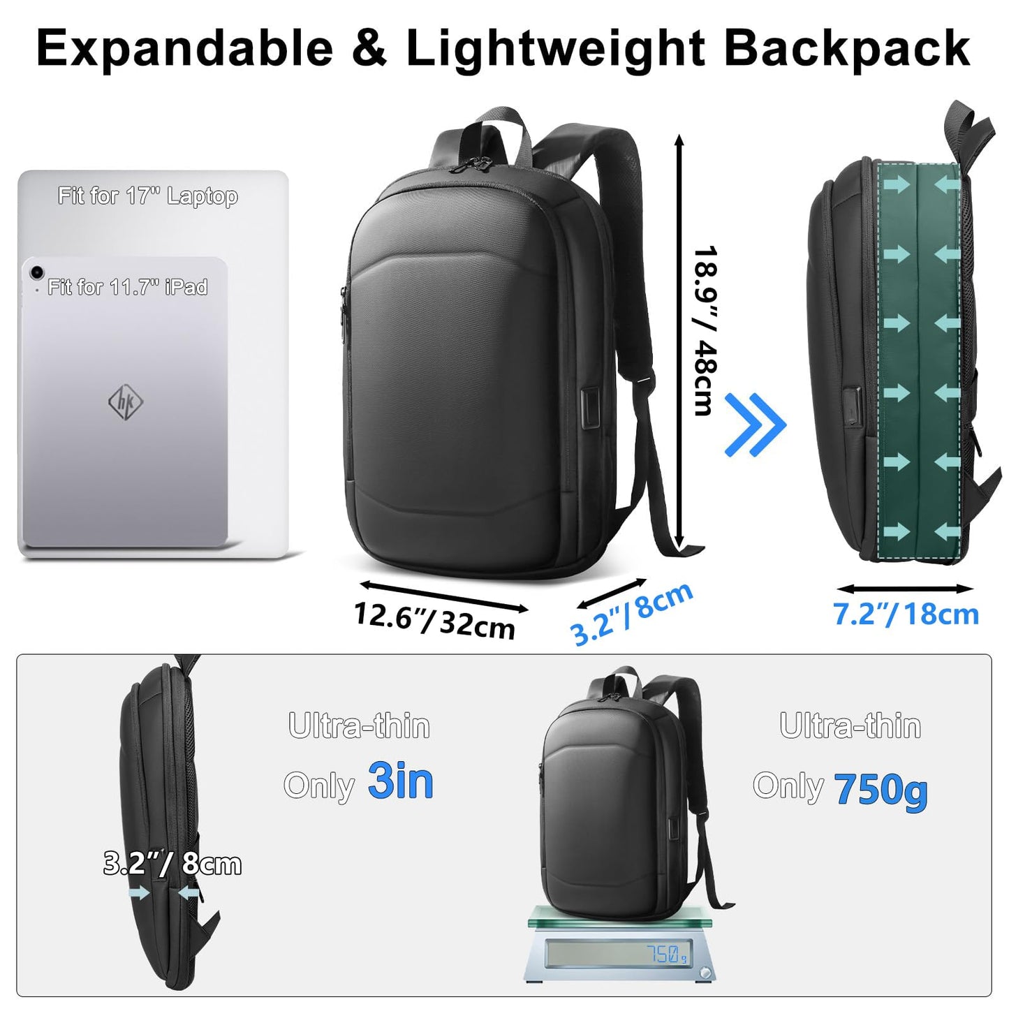 HEROIC KNIGHT Laptop Backpack, Expandable Business Travel Backpack with USB Charging Port, Water-Resistant Anti Theft Laptop Rucksack, Lightweight Computer Work Bag For Men Women, Fits 17.3 Inch-Black