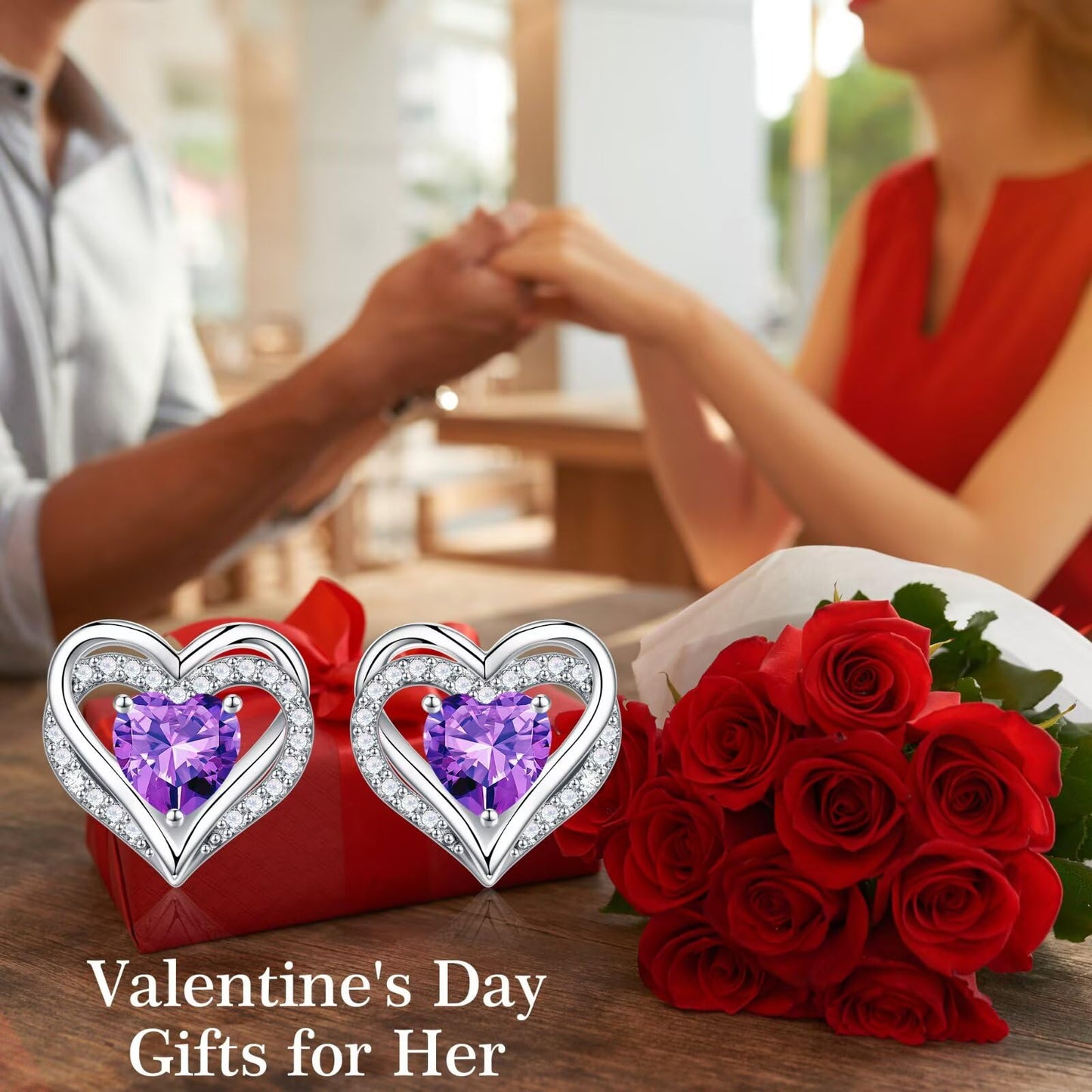 Iefil Earrings for Women, 925 Sterling Silver April Birthstone White Topaz Heart Stud Earrings for Women