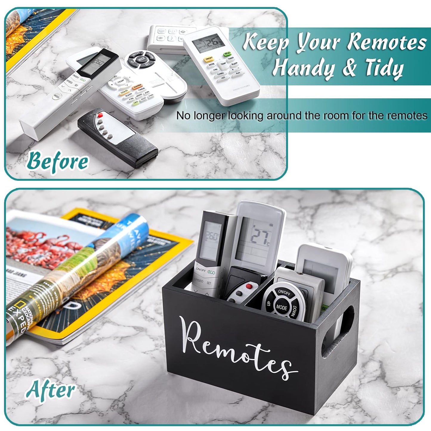 DRASTAR Remote Control Holder, TV Remote Holder, Remote Organizer Caddy for Table, Wooden Remote Box for Nightstand, Black Remote Caddy with 2 Slots