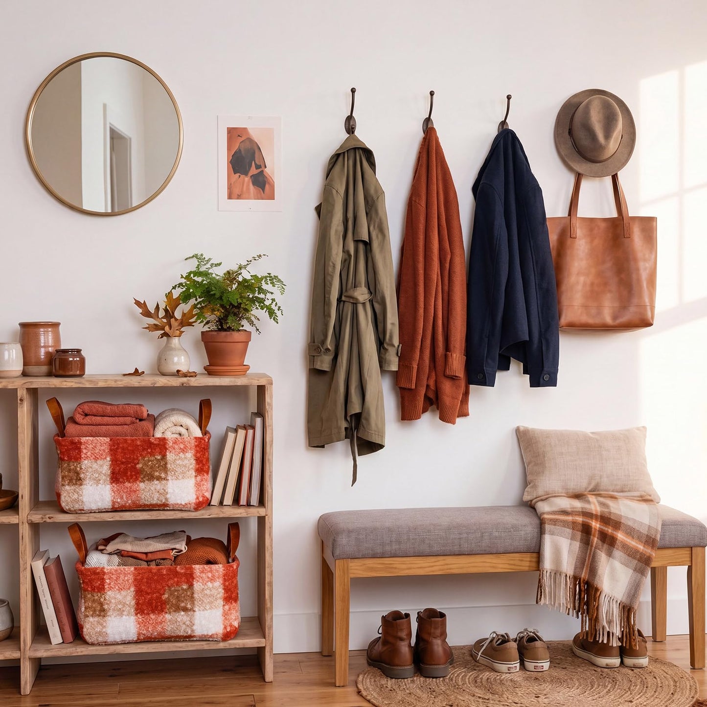 Yiyiring 2 Pcs Orange Plaid Storage Baskets 14x10 Inch Fall Theme Baskets Plaid Laundry Foldable Fluffy Boucle Storage Bin with Handle Autumn Home Decor Closet Organizer for Countertop Tabletop Car
