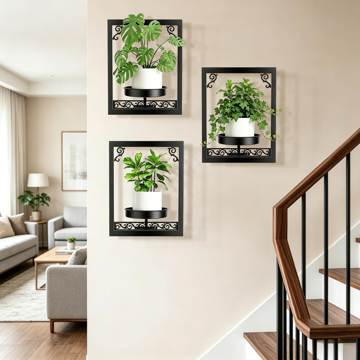 WGFKVAS Wall Plant Holder Set of 3, Picture Frame Plant Holder, Rustproof Holder Metal Modern Style Home Gardening Wall Decor for Living Room Bedroom, Entryway, Black