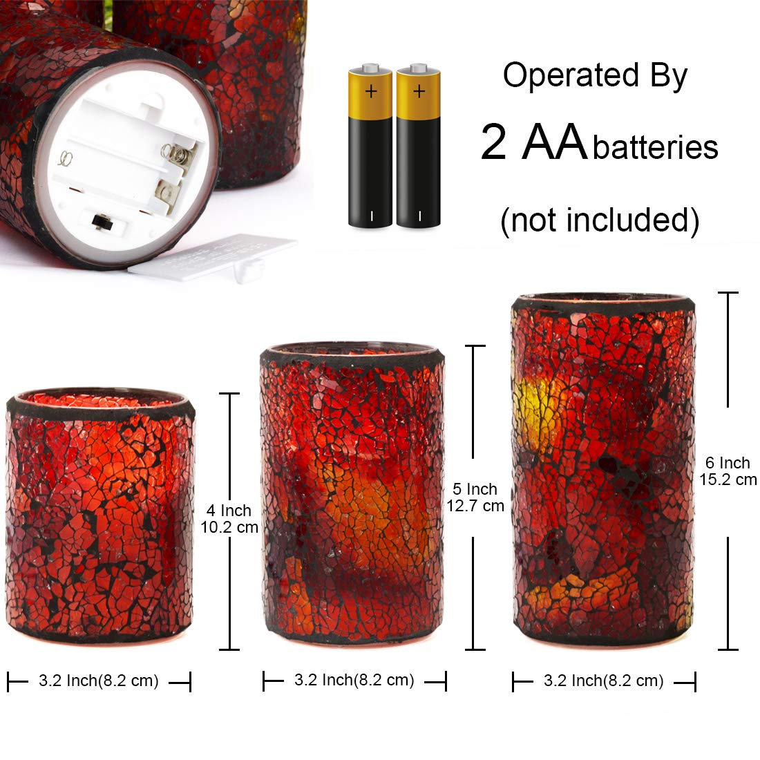 TELOSMA LED Mosaic Flameless Candle, Red Yellow Cracked Glass Pattern Pillar Candle - Centerpieces Table Bed Fireplace Autumn Decor - Set of 3