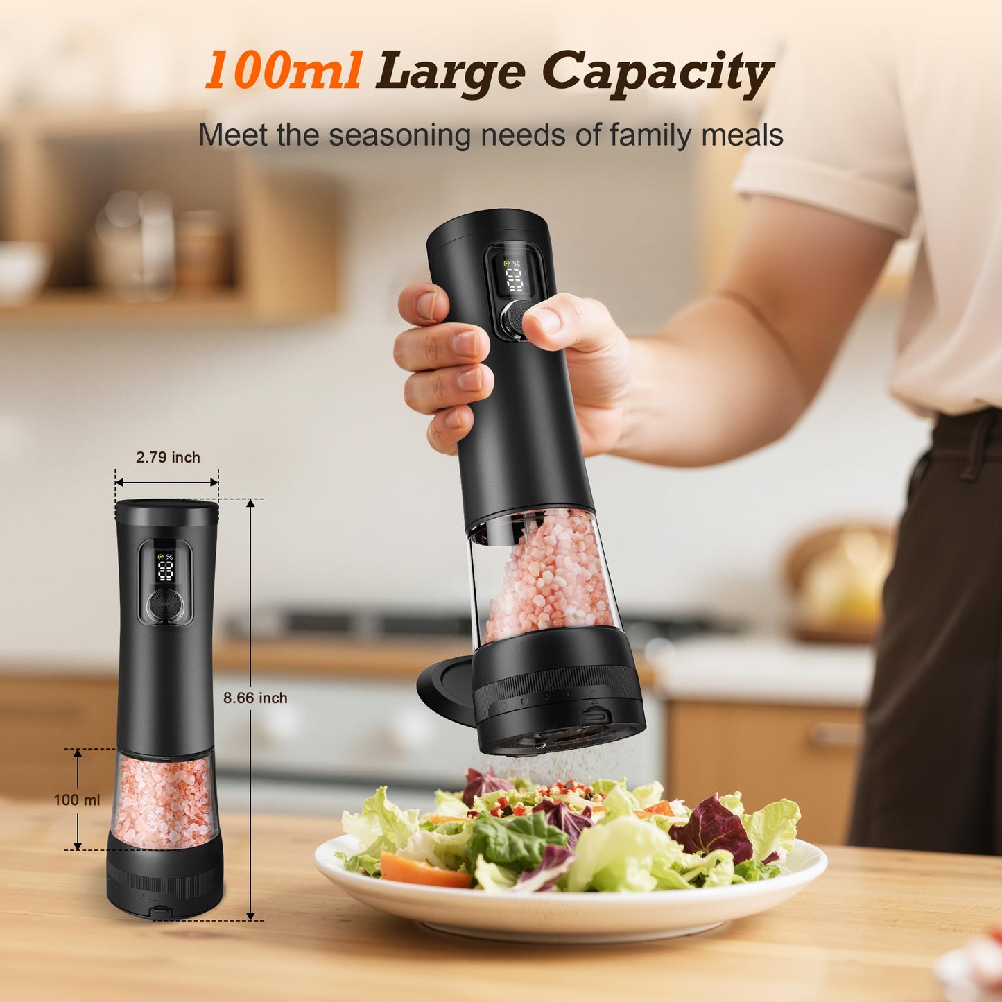 Electric Salt and Pepper Grinder Set, Automatic Refillable Salt and Pepper Shakers 2-Speed Setting with LED Light and 5 Adjustable Coarseness,Practical and Convenient Kitchen Gadgets(Black)