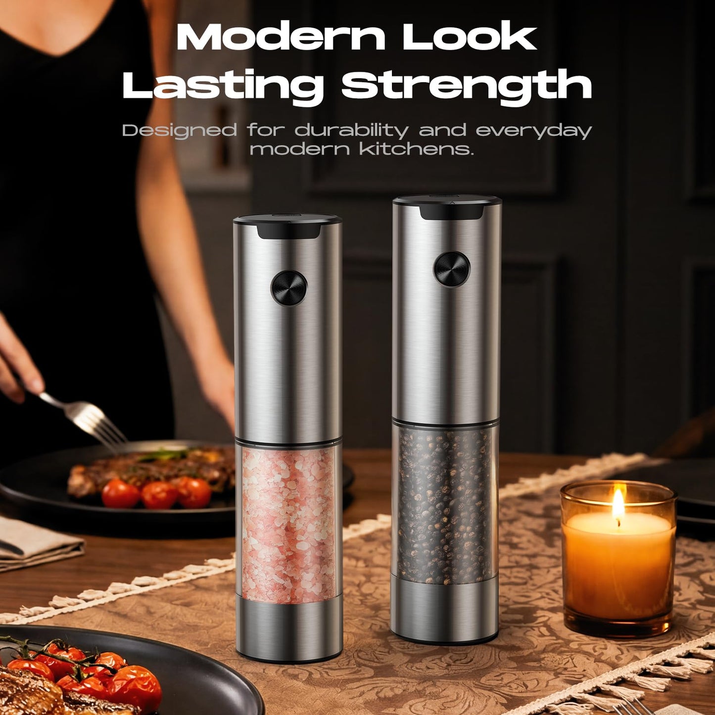 Electric Salt and Pepper Grinder Set, Battery Automatic Salt and Pepper Shaker with Adjustable Coarseness, Large Capacity Pepper Mill with LED Kitchen Appliances(Battery-Stainless Steel)