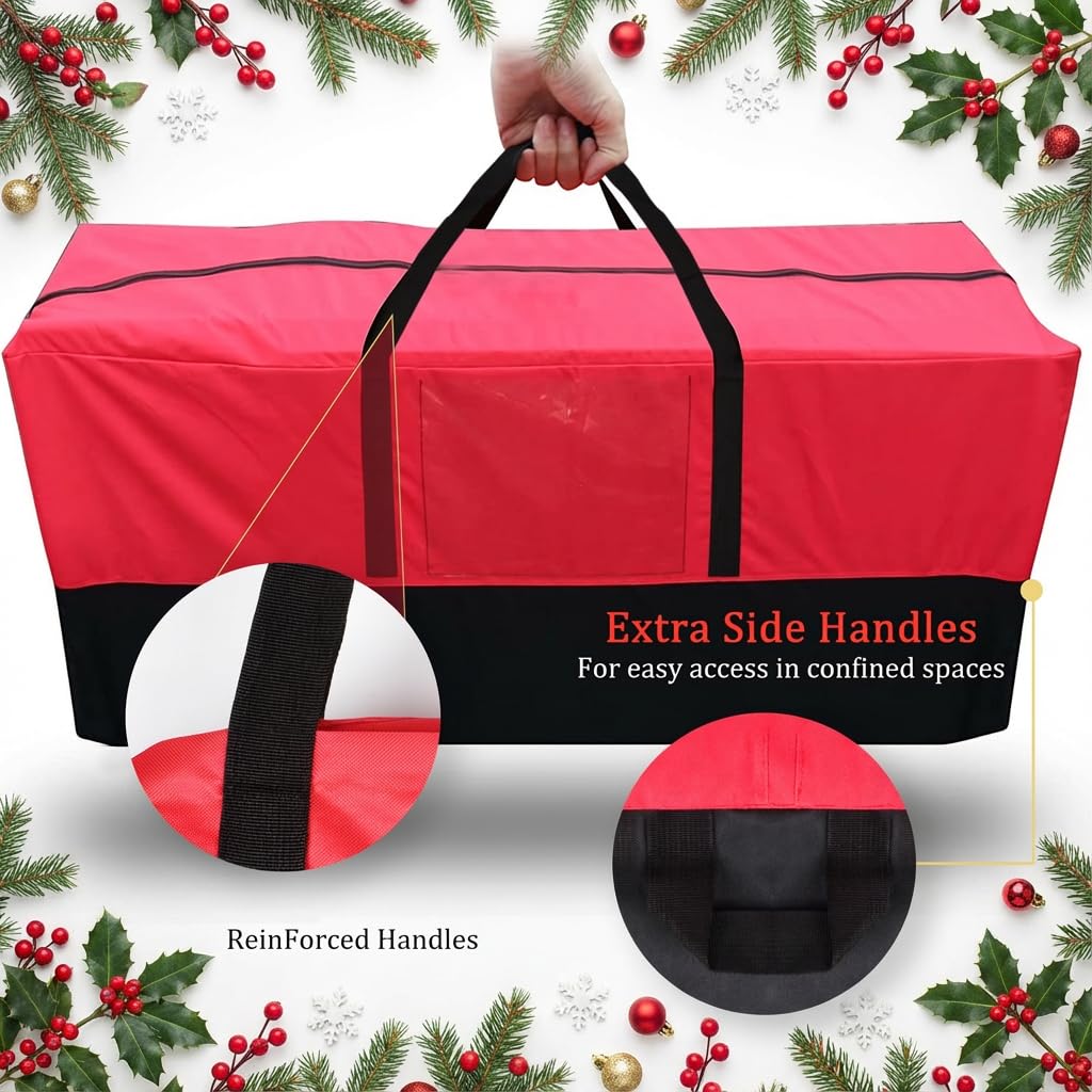 Christmas Tree Storage Bag - Fits Up to 8 Ft Tall Artificial Trees, Heavy Duty Holiday Storage Box With Reinforced Handles, Zipper & Transparent Pocket - 600D Oxford Container, Red