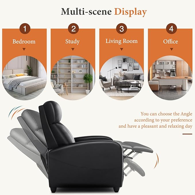 Sweetcrispy Recliner Chair PU Leather Recliner Sofa No Massage, Home Theater Seating with Lumbar Support, Adjustable Push Back Overstuffed High-Density Sponge Reclining for Living Room, Black