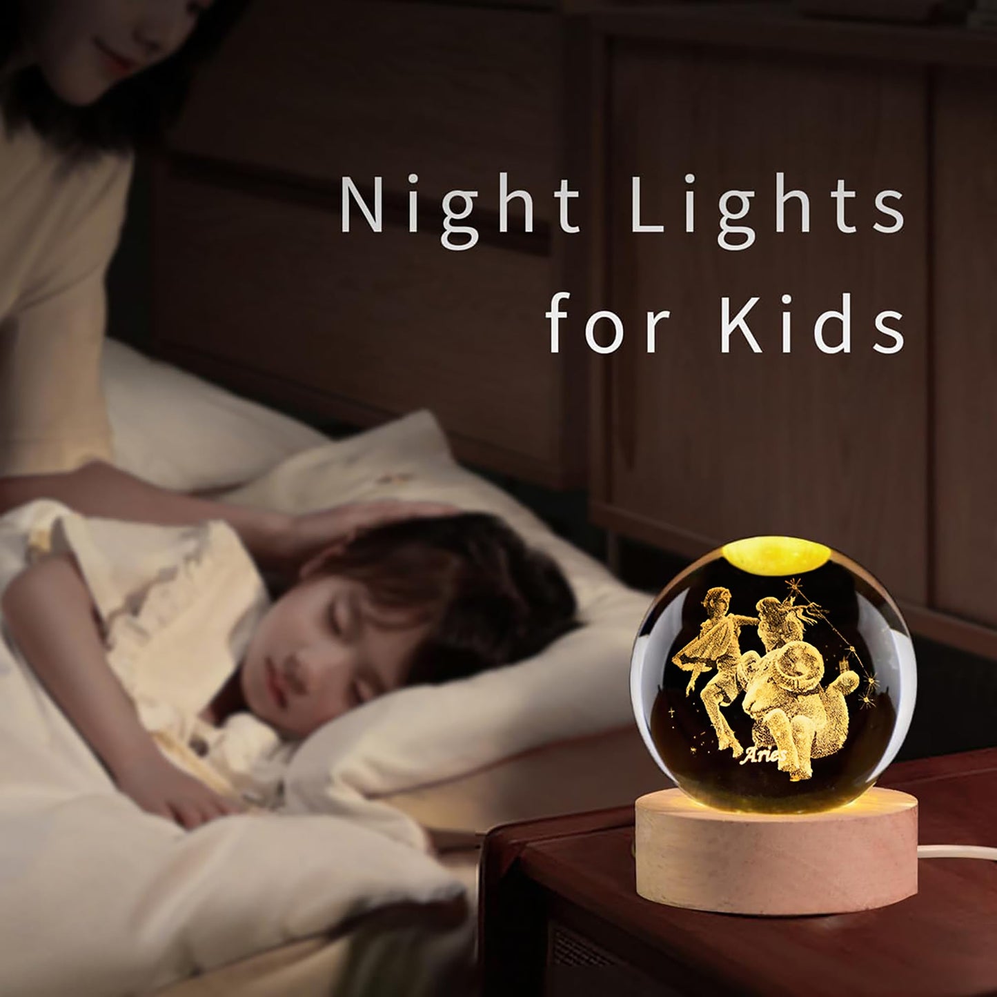 QIANCHANG 3D Laser Etched Aries Crystal Ball with LED Light Stand, Constellation Decor Glass Sphere Lamp, Zodiac Astrology Birthday Gifts for Women Kids