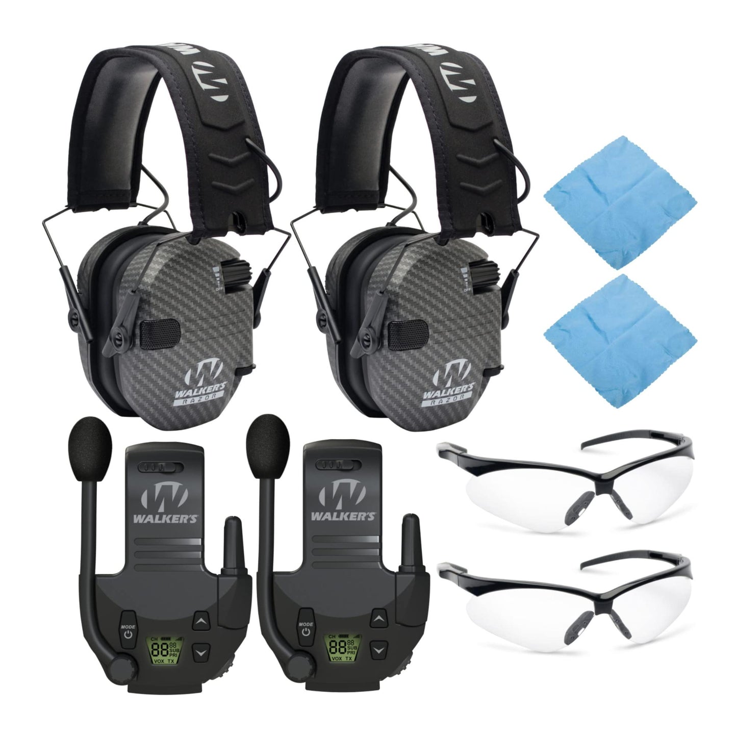 Walker's Razor Slim Electronic Muff (Carbon, 2-Pack) Tactical/Hunting Walkie Talkie (2-Pack), Sport Shooting Glasses (2-Pack) and Microfiber Cleaning Cloth (2-Pack) Bundle (8 Items)