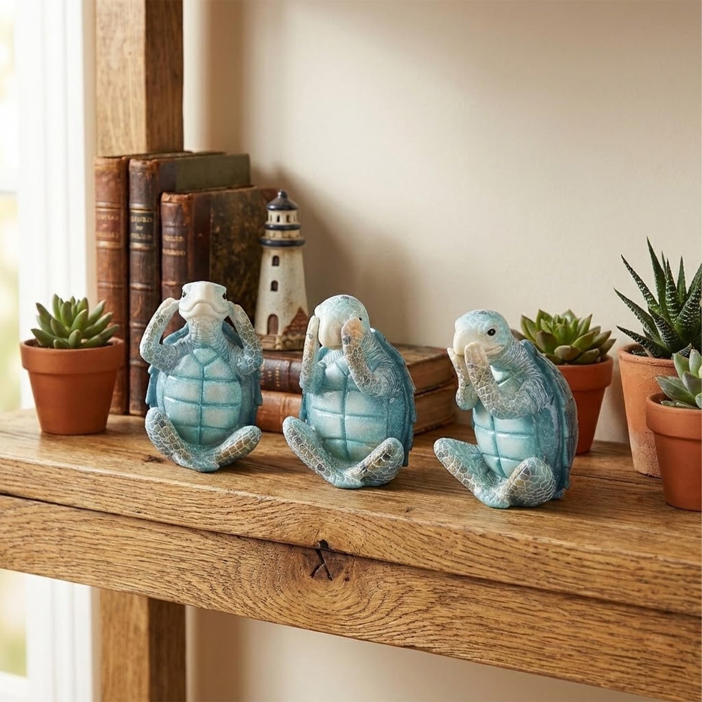 Turtle Sculpture 3-Piece Set Coastal Home Decor Turtle sculptures are perfect for bathrooms, offices, bookshelves, display shelves, coffee tables, or beach-themed decor in any room of your home.