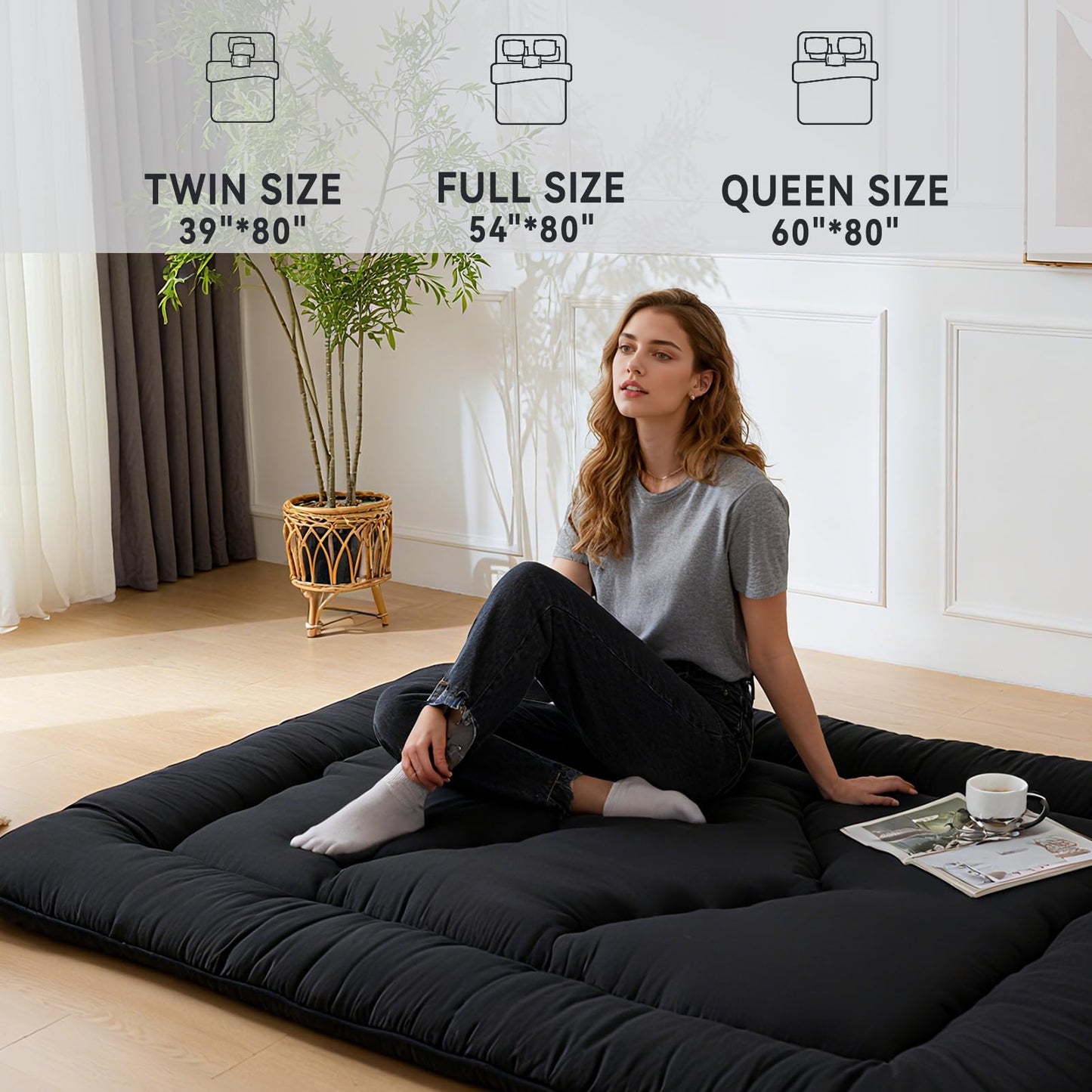 Ingdgnoso Japanese Floor Mattress, 3.5" Thicken Futon Mattress Tatami Mat, High Density Foam Support for Adult Kids Sleep, Portable Futon Sofa Bed for Camping, Pet Mat, Queen 80"x 60"(Black)