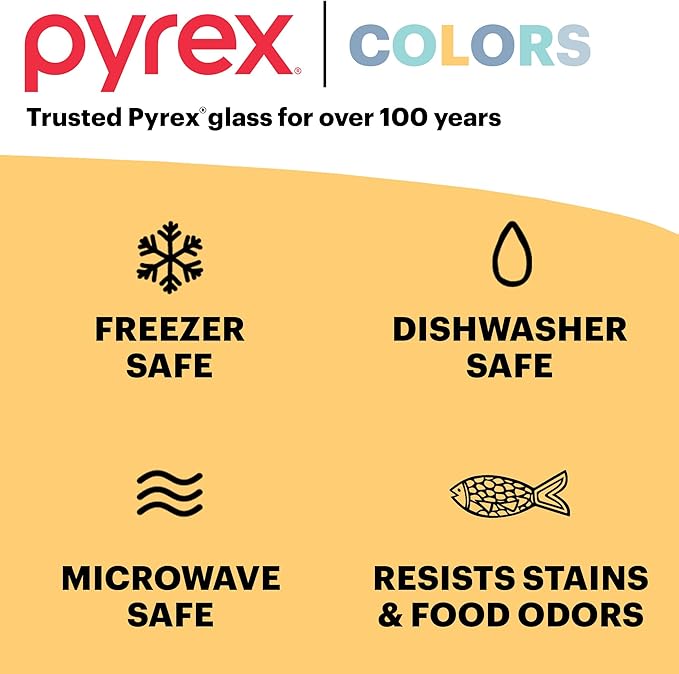 Pyrex Colors Tinted Small/Medium/Large Food Storage Container Set, Snug Fit