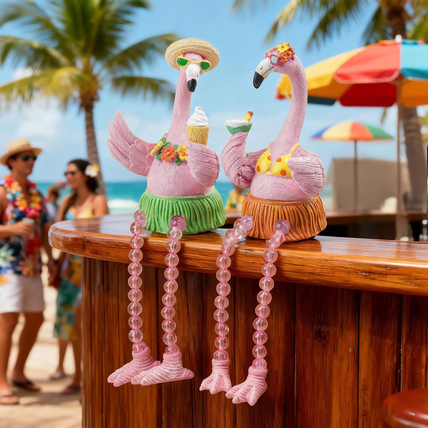 DiliComing Flamingo Decor Pink Gifts Statue - 2 Pcs Resin Collectible Figurine for Summer Tropical Home Decor Valentine Bathroom Yard Party Decorations 7.5 Inches Shelf Sitter with Dangling Legs
