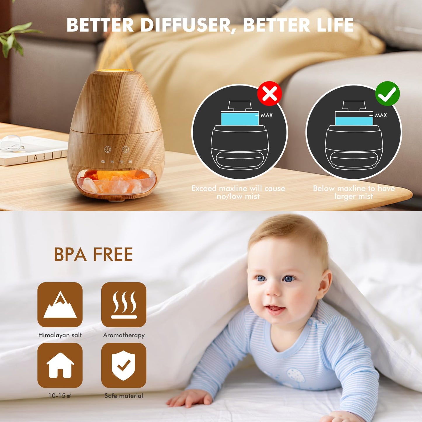 Dialan's Essential Oil Diffuser with Flame Effect Ultrasonic Himalayan Salt Lamp Diffuser Ultrasonic Cool Mist Humidifier Aromatherapy Diffuser with Auto Off for Home Office Gift - 100ml Wood Grain