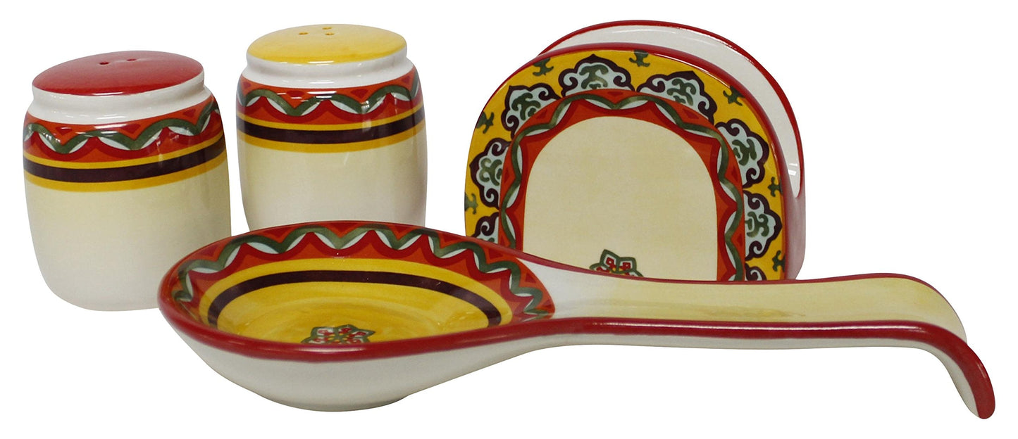 Euro Ceramica Galicia Spanish Dinnerware and Serveware Collection, 4-Piece Tableware Necessities Set, Salt and Pepper Shaker, Spoon Rest, Napkin Holder, Multicolor