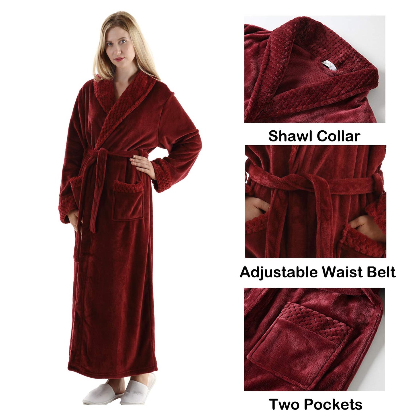 Dressing Gown Women Full Length Robe Plus Size Fleece Winter Warm Bathrobe, UK14-20(label XL), Wine Red