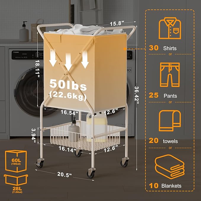Convenient Laundry Basket with Wheels, Heavy Duty Dirty Clothes Laundry Hamper