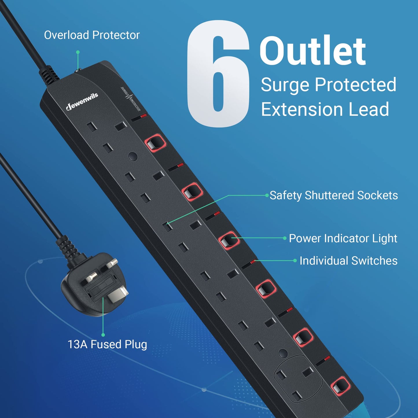 DEWENWILS 6 Way Surge Protected Extension Lead with Individual Switches and Indicator Lights, Extension Cable 3M, 13Amp 6Gang Power Strip Lead, Black