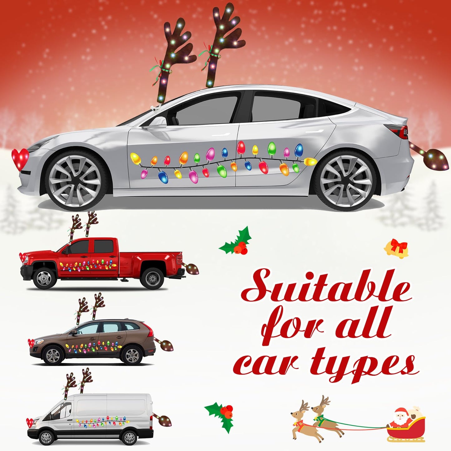 Cunno 6 Pack Christmas Reindeer Antlers Car Kit with LED Lights Christmas Car Decorations Light up Xmas Wreath Reflective Refrigerator Magnets Decals Auto Exterior Accessories