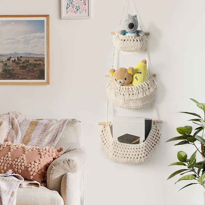 Hanging Fruit Basket, 3 Tier Over The Door Organizer, Handmade Woven Cotton