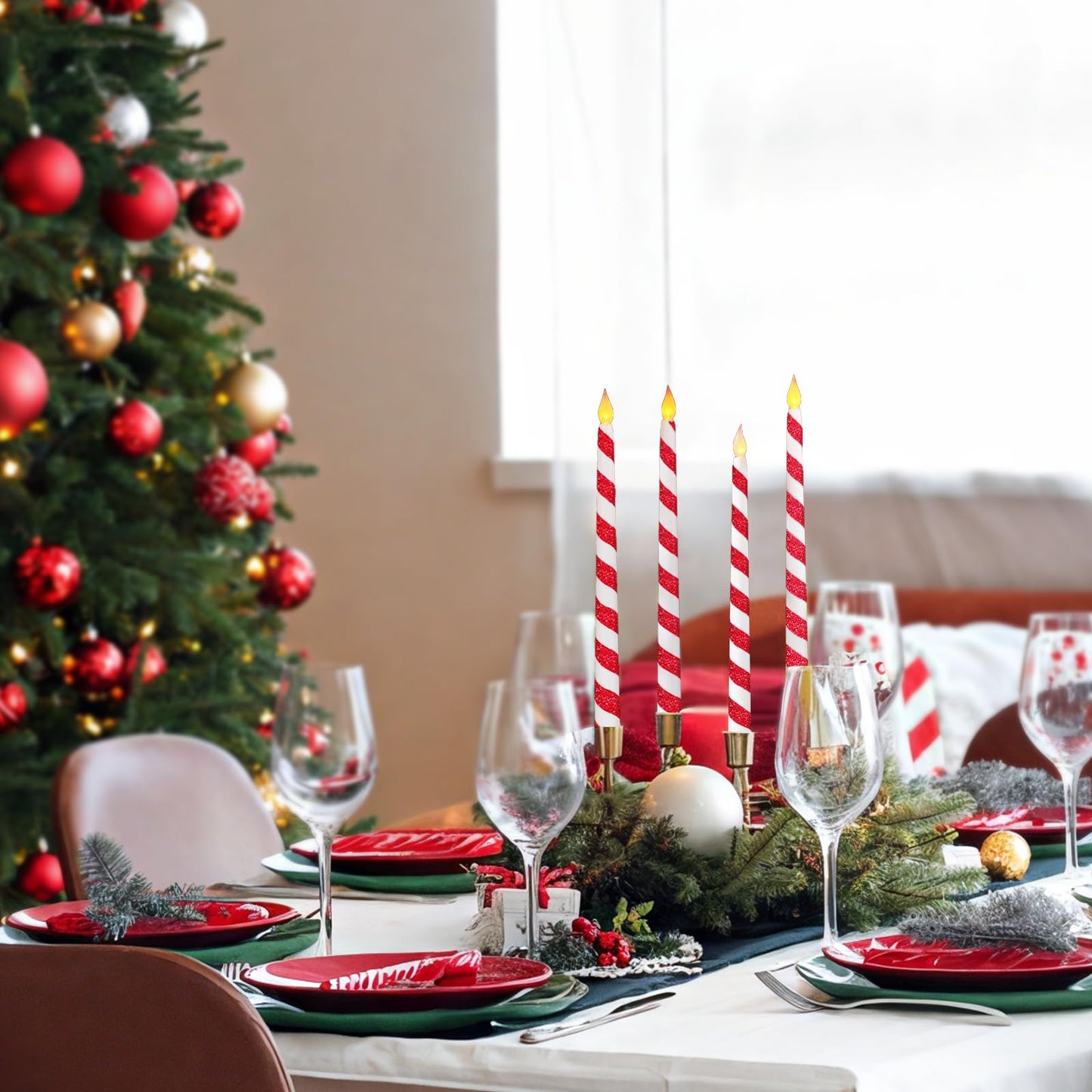 LCZLUMIPRO 6PCS Christmas Flameless Taper Candles - Candy Cane Red and White Stripes Flickering Battery Operated LED Candles for Xmas Centerpiece Holiday Party, Wedding, Winter Home Decoration