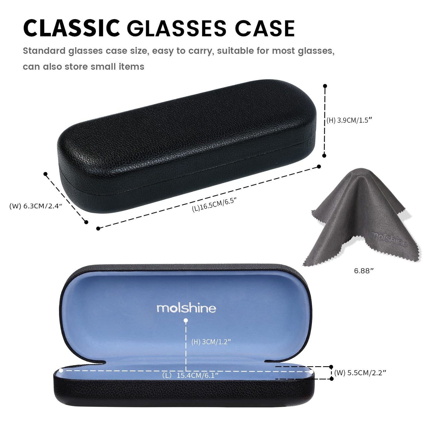 molshine Hard Shell PU Leather Glasses Case,Portable Eyeglass Case for Men Women Girl Travel Study Work (Black)