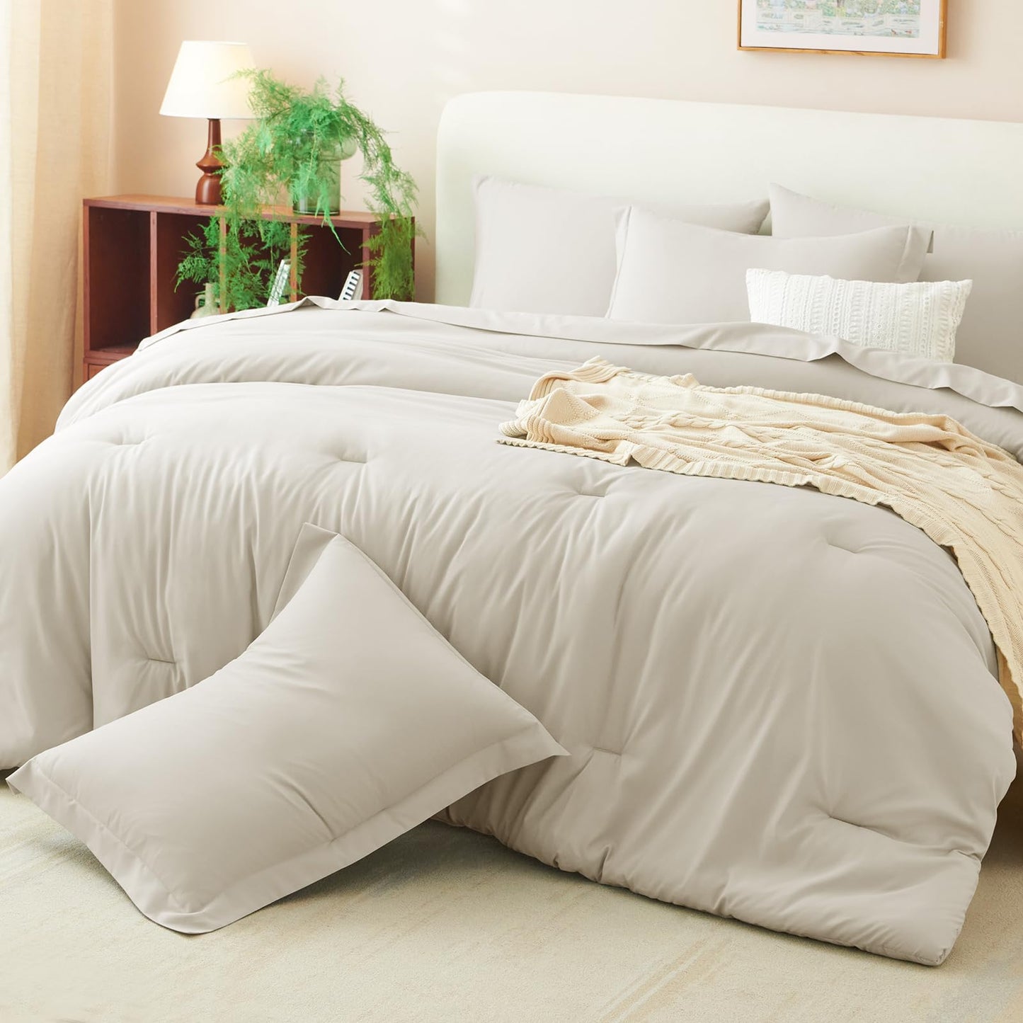 CozyLux King Size Comforter Set Beige, 7 Pieces Bed in a Bag King Comforter Set with Sheets, Luxury Soft Bedding Sets with Down Alternative Comforter, Fitted Sheet, Flat Sheet, Pillowcases & Shams