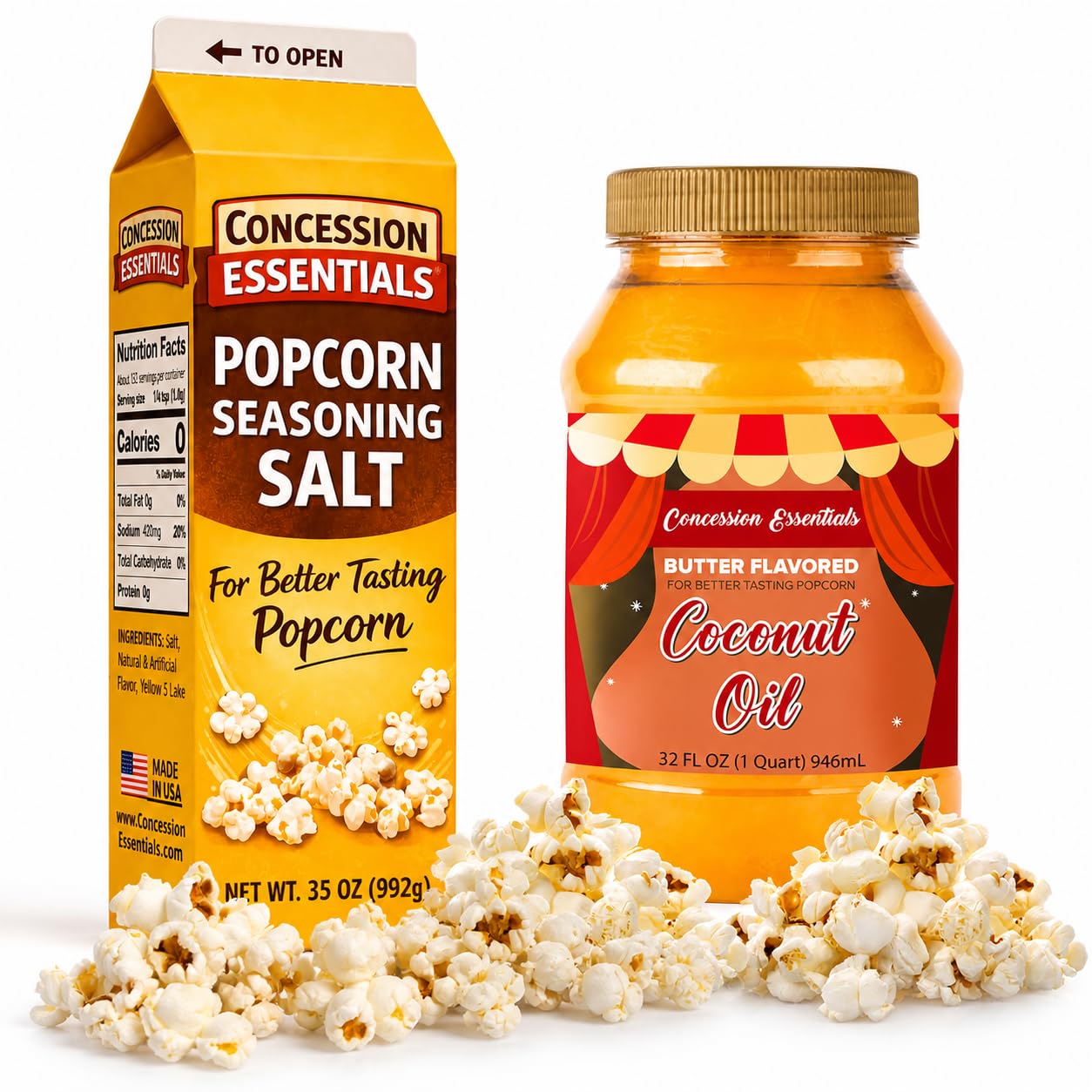 Perfectware- Flavacol Popcorn Seasoning Salt 35oz & Concession Essentials Coconut Oil 32oz Combo Kit – Buttery Movie Theater Style Popcorn Flavoring Set for Home or Concession Use