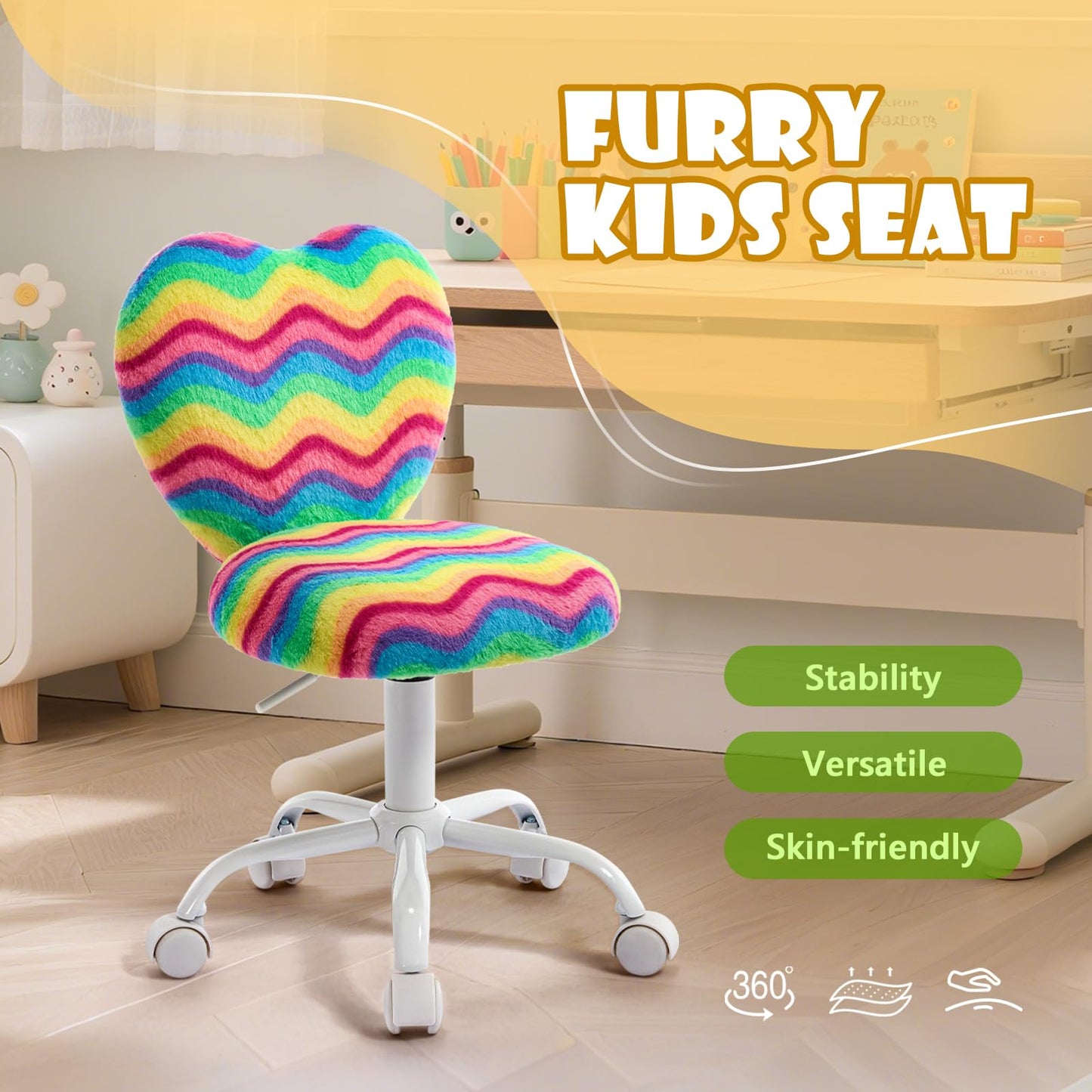 Lessmore Heart Kids Desk Chair,Girls Desk Chairs,Comfy Swivel Computer Chair for Girls Room, Fluffy Kids Office Chair for Reading & Vanity,Rainbow