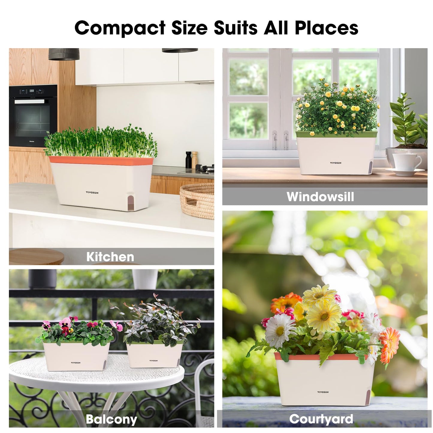 VIVOSUN Self-Watering Planters, 4-Pack 10.5 Inch Compact Rectangular Window Herb Planter Box with 10 PCS Plant Labels, Plant Container for Basil, Flowers, Succulents, Indoor & Outdoor