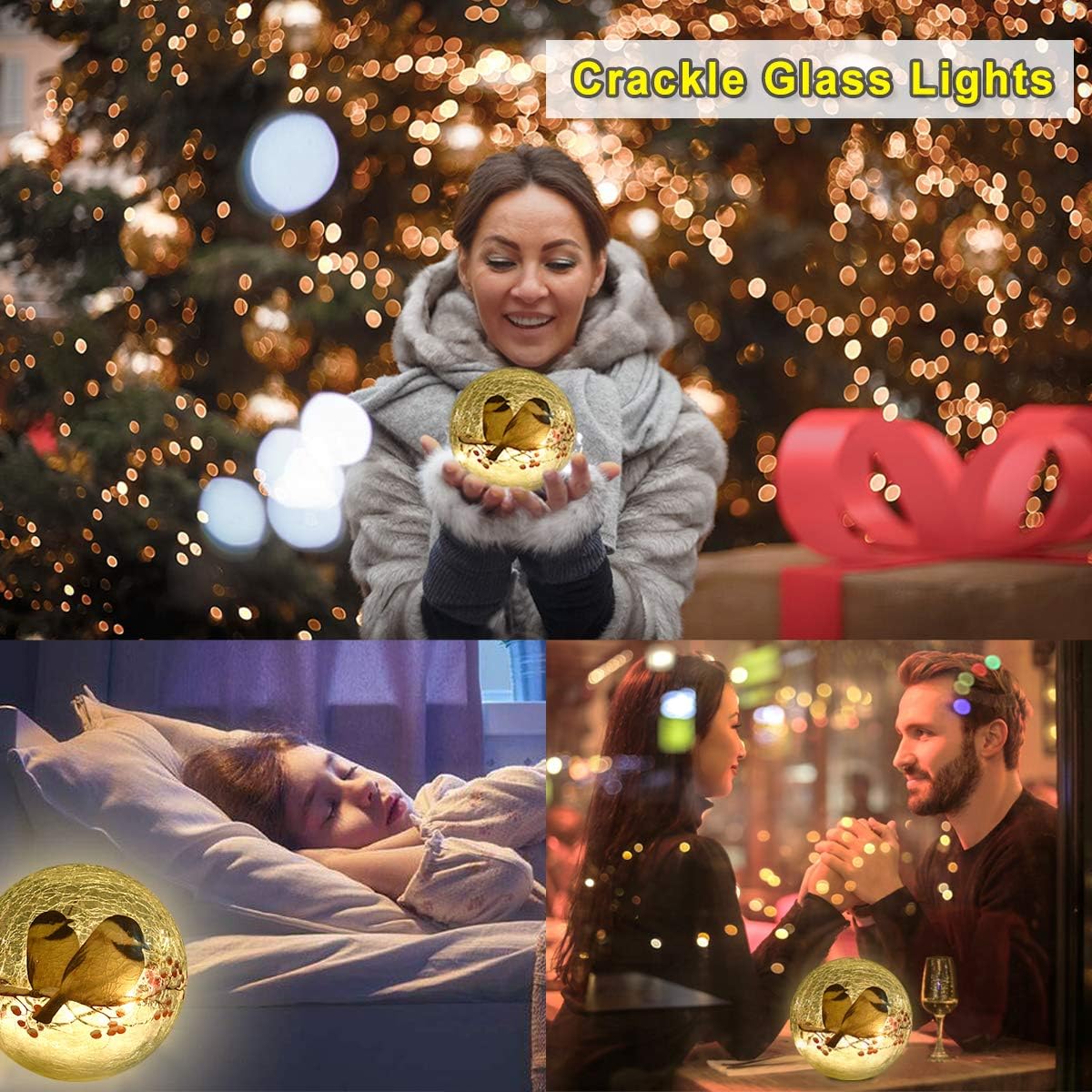 Glass Ball LED Night Lamp with Timer (6 Hour On/18 Hour Off), Showcasing 2 Birds on a Tree - 5.9 inch Battery Powered Lights Globe lamp Christmas Lights for Festive Decor and Girls Gift