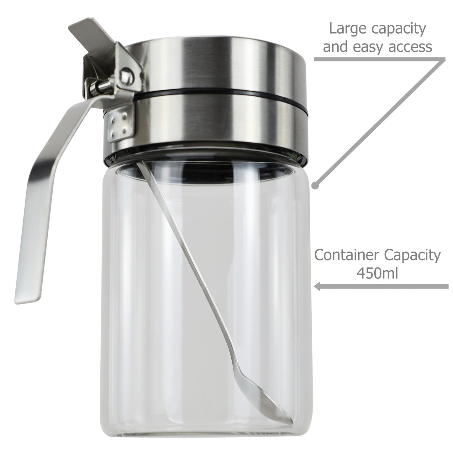EIKS Glass Condiment Jars with Stainless Steel Lids and Spoons for Serving & Storing Sugar Spice Salt Seasoning in Home Kitchen Coffee Bar Restaurant, Container Capacity 450ml/14.5oz