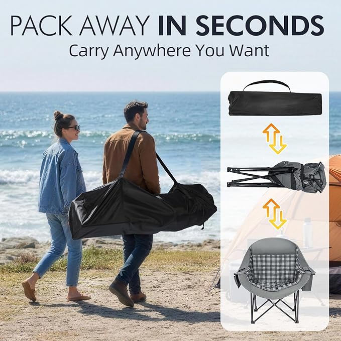 Oversized Camping Chair for Adults - Heavy Duty Outdoor Padded Large Lawn Camp Chair with Cup Holder Cooler Pockets for Sports Beach Fishing Garden Portable Supports 500lbs, Grey 2 Pack