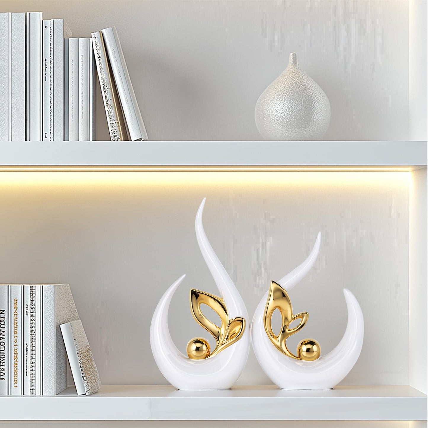White Gold Home Decor Accent,Abstract Ceramic Statue and Sculptures for Living Room,Mid Century Modern Decor for Desktop Bookshelf tv Stand Fireplace Coffee Table Centerpieces Decorations