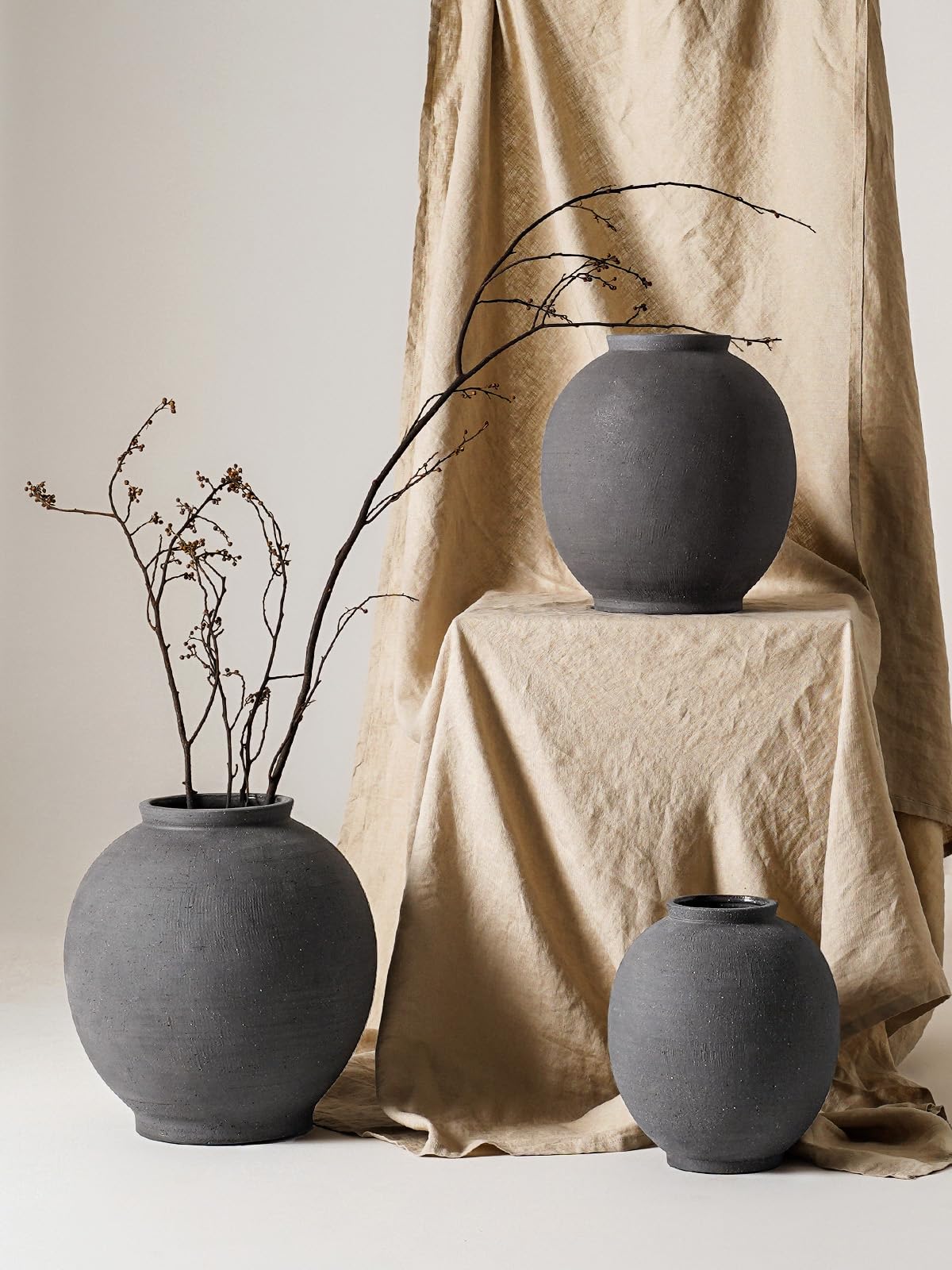 Ceramic Rustic Vase, 10.8 Inch Farmhouse Minimalist Tall Flower Vase for Table, Living Room, Home Decor, Bathroom, Holiday, Wedding, Set of 1,Sandstone Dark Grey