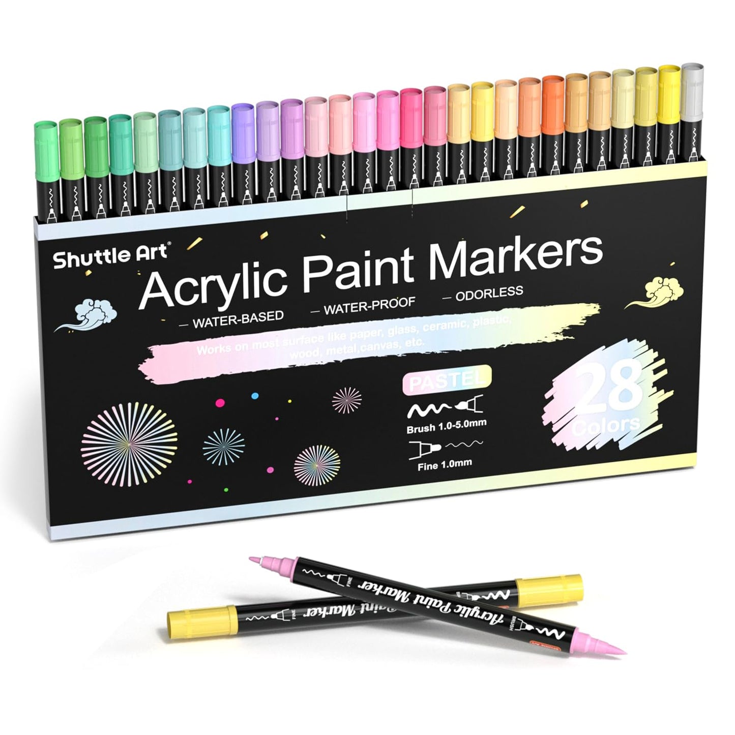 28 Pastel Colors Dual Tip Acrylic Paint Markers, Brush Tip and Fine Tip Acrylic Paint Pens for Rock Painting, Ceramic, Wood, Canvas, Plastic, Glass, Stone, Calligraphy, Card Making, DIY Crafts