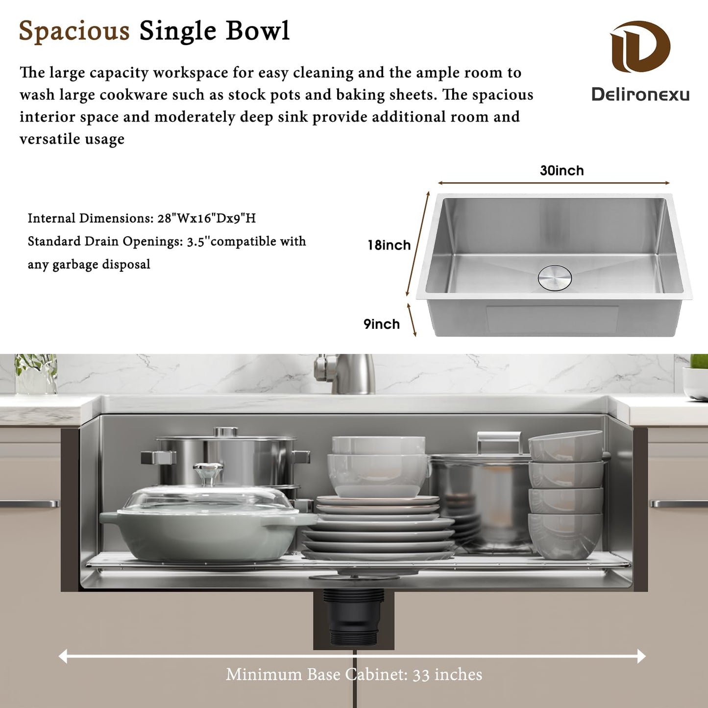 30 Inch Undermount Kitchen Sink - Delironexu 18 Gauge Stainless Steel Single Bowl Kitchen Sinks 30"x18"x9" Handmade Design with Brushed, Includes Drain Kit (No Additional Accessories)