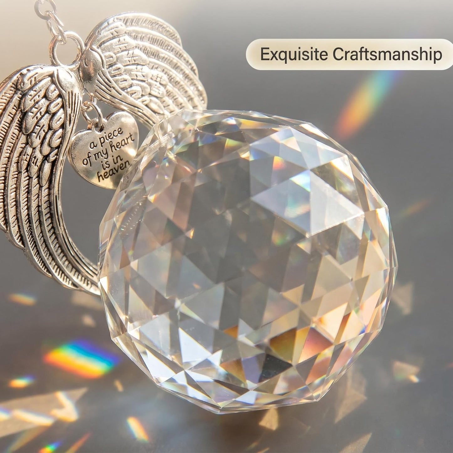 Memorial Suncatcher Angel Wings with Crystal Ball, “A Piece of My Heart is in Heaven” Sympathy Gift for Loss of Loved One or Pet, Bereavement Remembrance Hanging Decor for Window 18.5 Inch